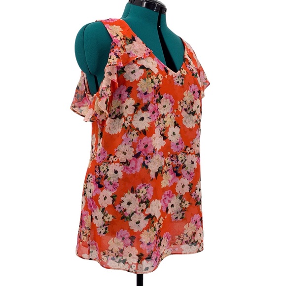 Cabi Lush Blouse # 5352, Hibiscus Floral Cold Shoulder Layered Blouse, Medium - Picture 10 of 17
